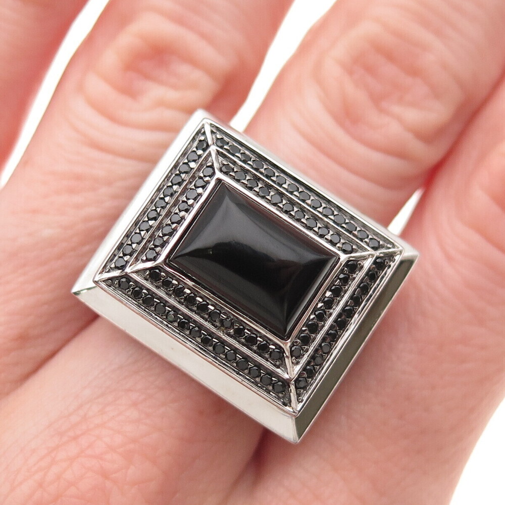 925 Sterling Silver Real Black Onyx & Spinel Statement Ring Size 7.25